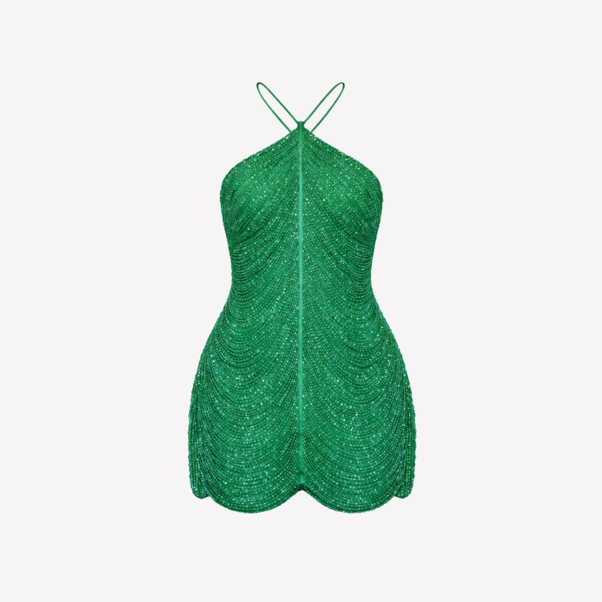 Flat lay front view of an emerald green hand-beaded halter mini dress, showcasing the intricate beadwork and silhouette.