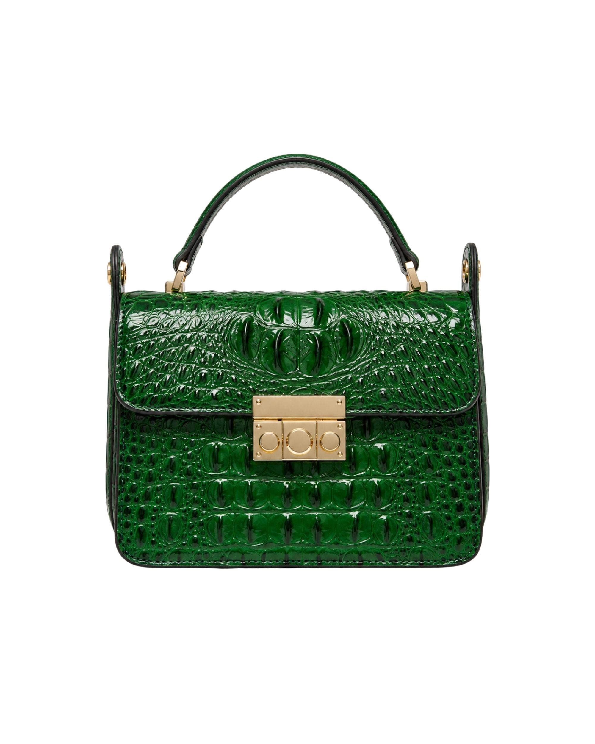 Close up front view of emerald green croc-embossed leather top handle satchel bag with gold triple-clasp hardware.