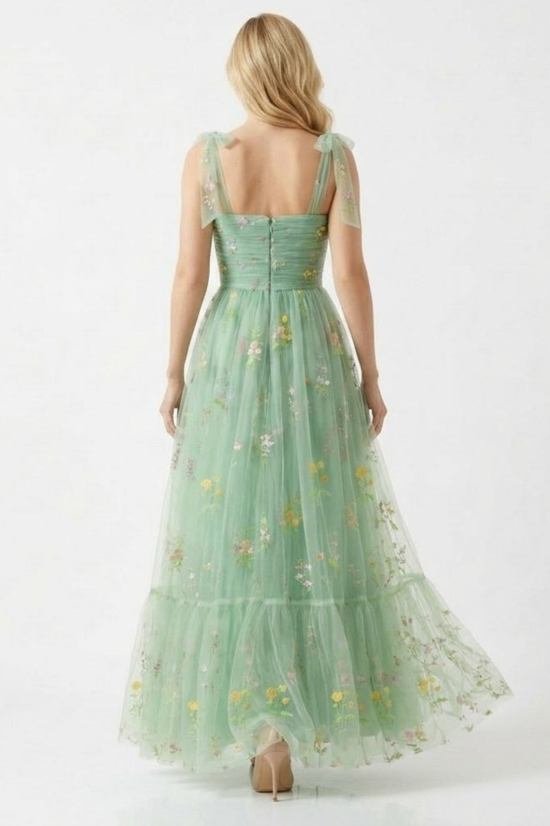 Back view of Fenlo Form   green embroidered maxi dress showing invisible zipper and tulle tie straps