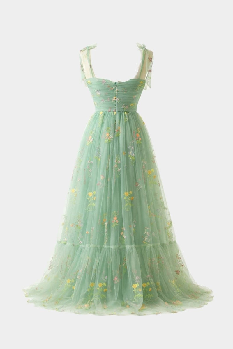 Ghost mannequin back view of Fenlo Form green floral tulle sweetheart maxi dress
