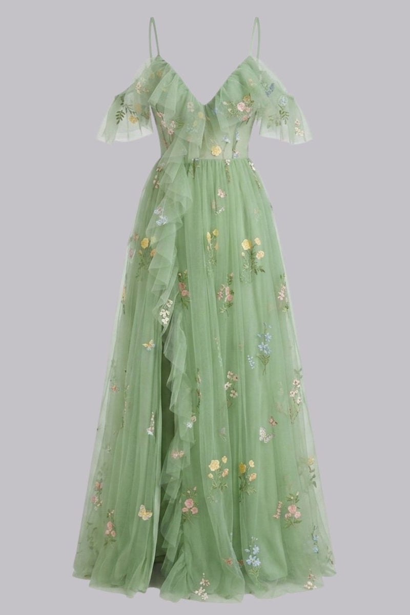 Ghost mannequin front view of green floral embroidered tulle maxi dress emphasizing the sweetheart neckline, draped sleeves, and A-line skirt.