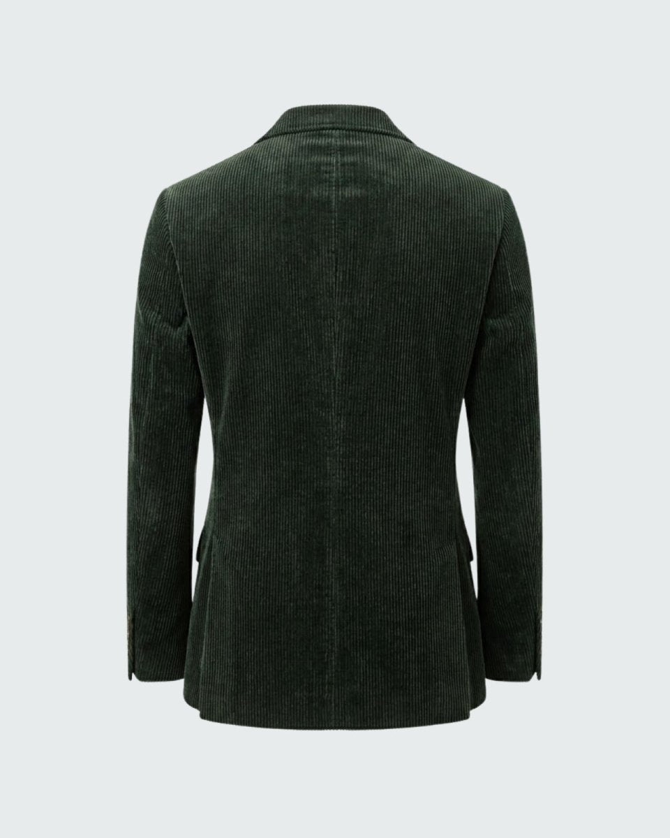 Rear flat-lay view of the men's green grady blazer, detailing the center seam and quality construction of the back panel.