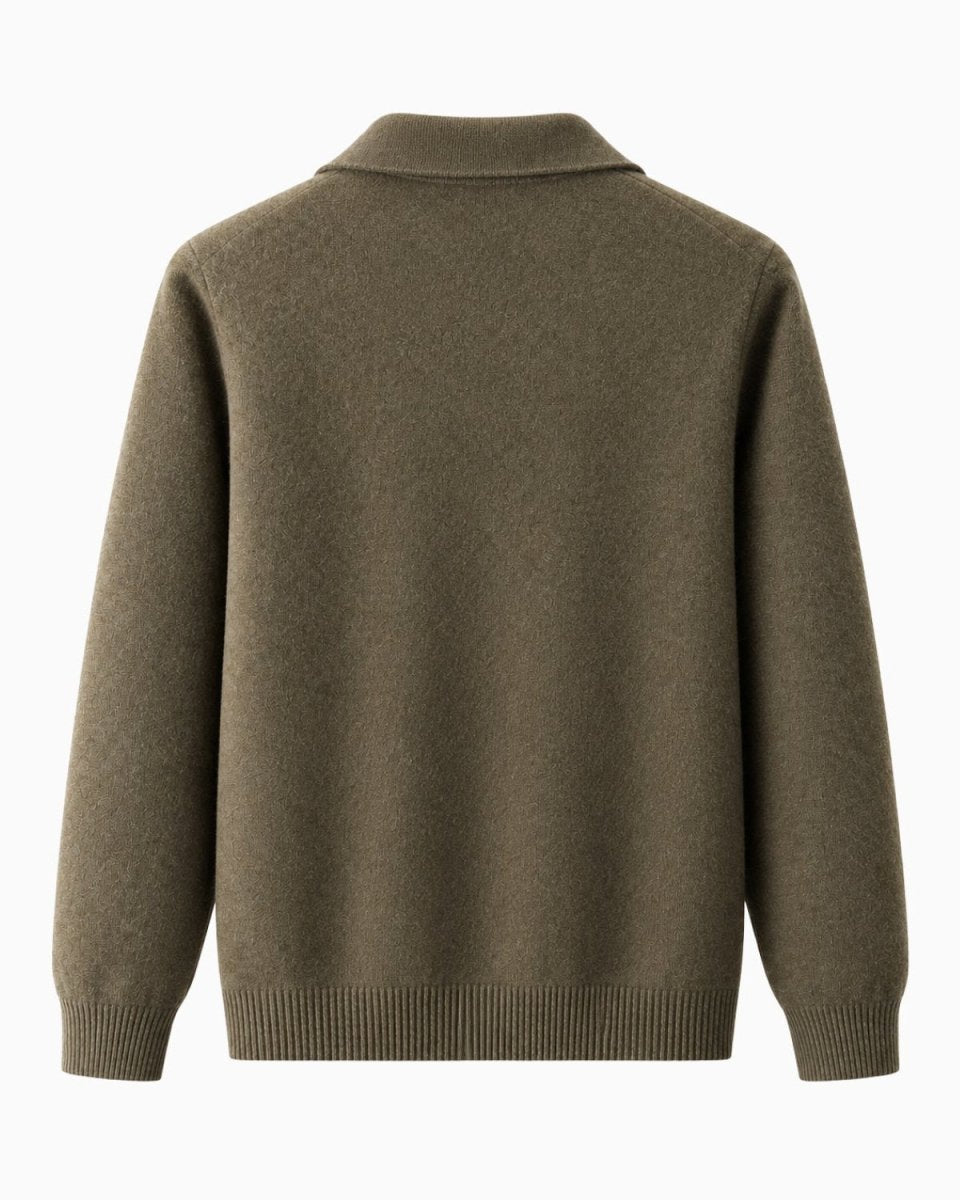 A knit sweater shown from the back, featuring a mock neck collar, long sleeves, and ribbed cuffs and hem, in a solid olive green color.