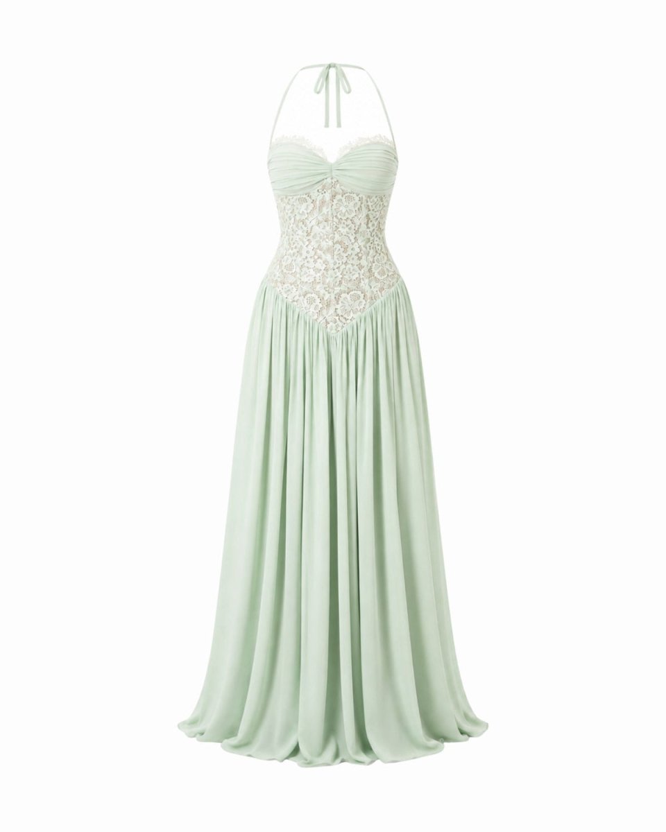 A mint green halter-neck maxi dress with a lace-embroidered bodice and a flowing chiffon skirt, shown against a plain white background.