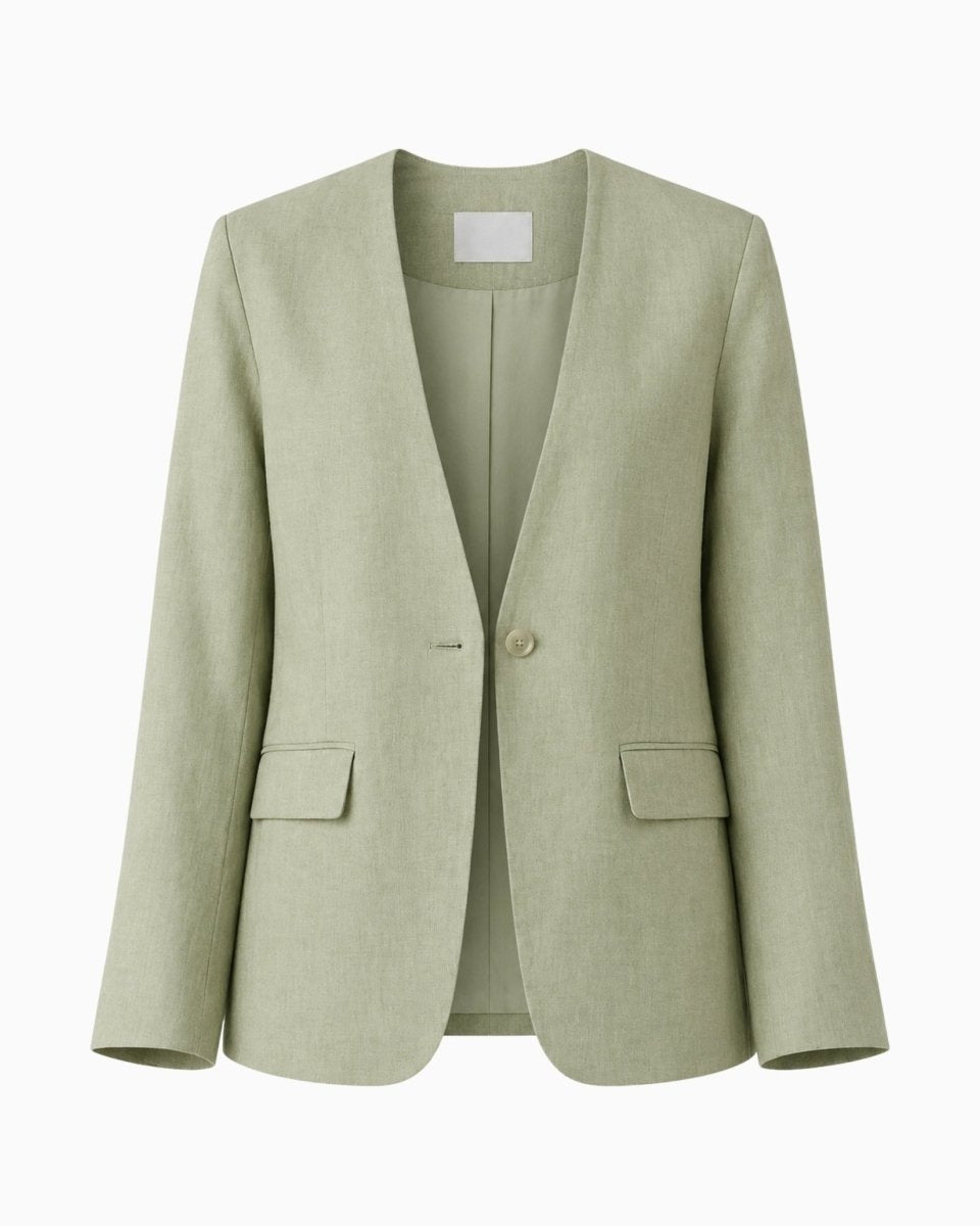 Flat lay of single breasted green collarless blazer for women