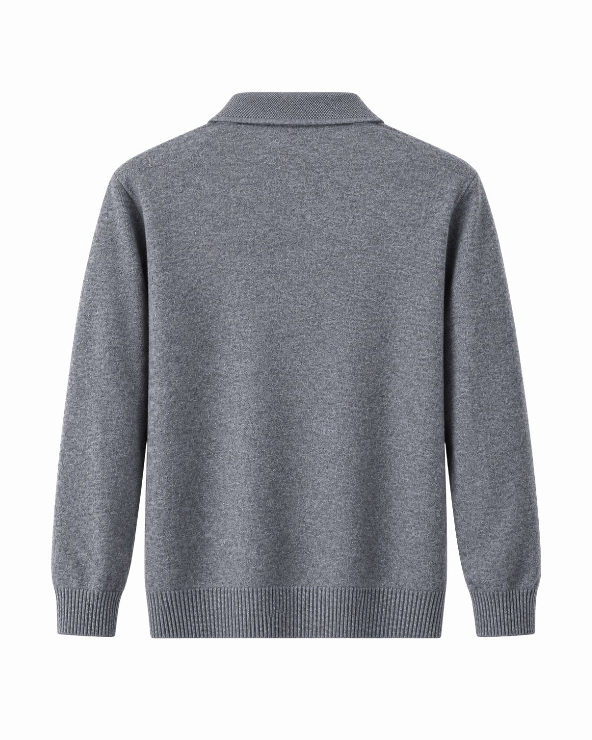 A green knit sweater with a mock neck collar, shown from the back on a clean white background.