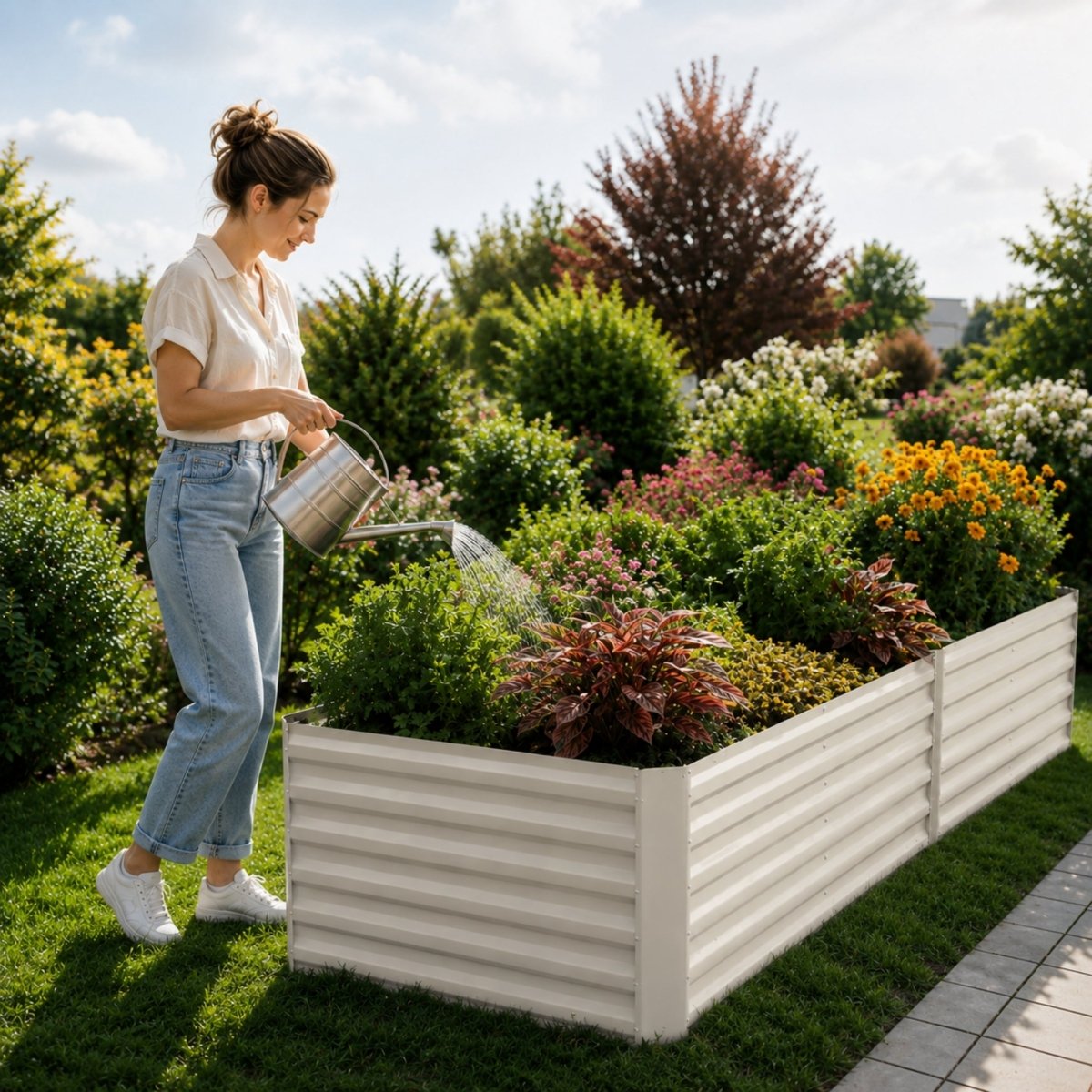 Woman effortlessly watering flowers in a 2ft tall green corrugated metal raised garden bed by Kouvr.