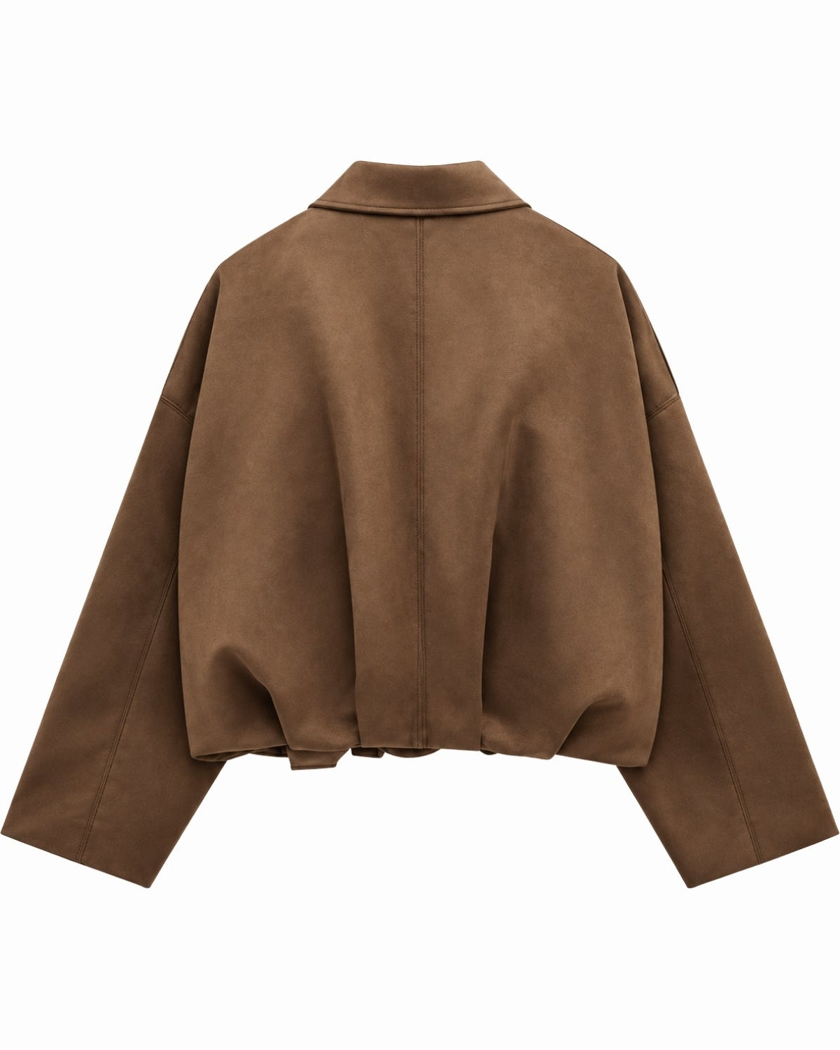 A cropped green suede jacket with long sleeves and a wide collar, shown from the back on a solid white background.
