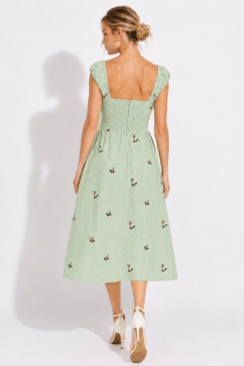 Back view of green cottagecore sundress featuring smocked back detail and concealed zipper