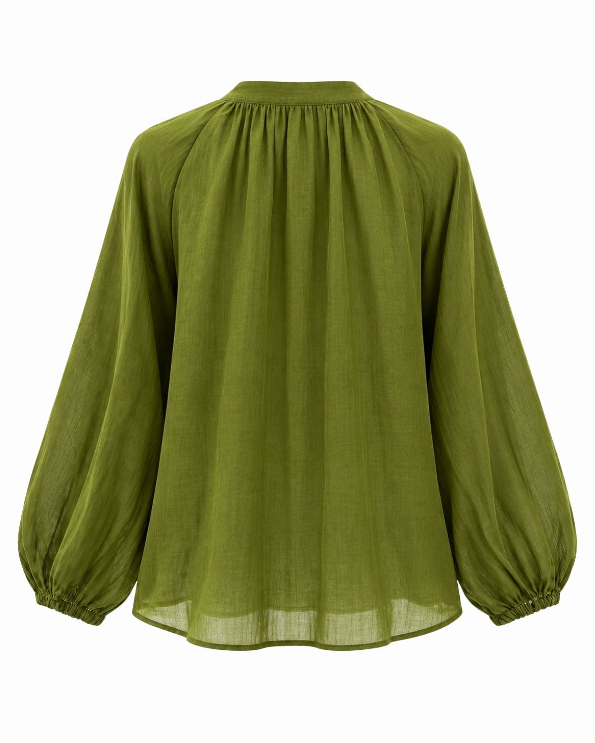 An olive green long-sleeve blouse with a gathered, pleated high neckline and elasticized cuffs, shown against a plain white background.