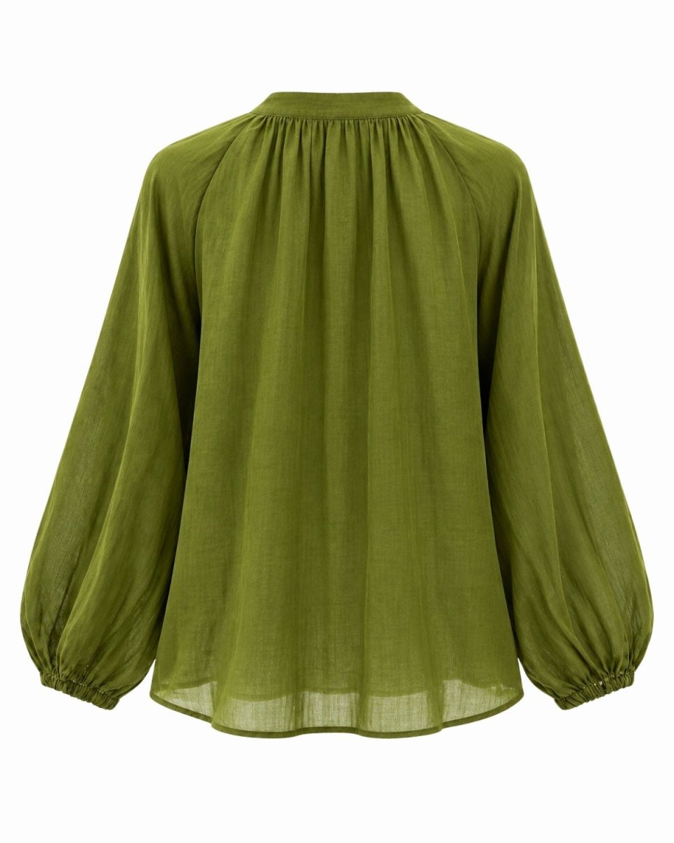 An olive green long-sleeve blouse with a gathered, pleated high neckline and elasticized cuffs, shown against a plain white background.