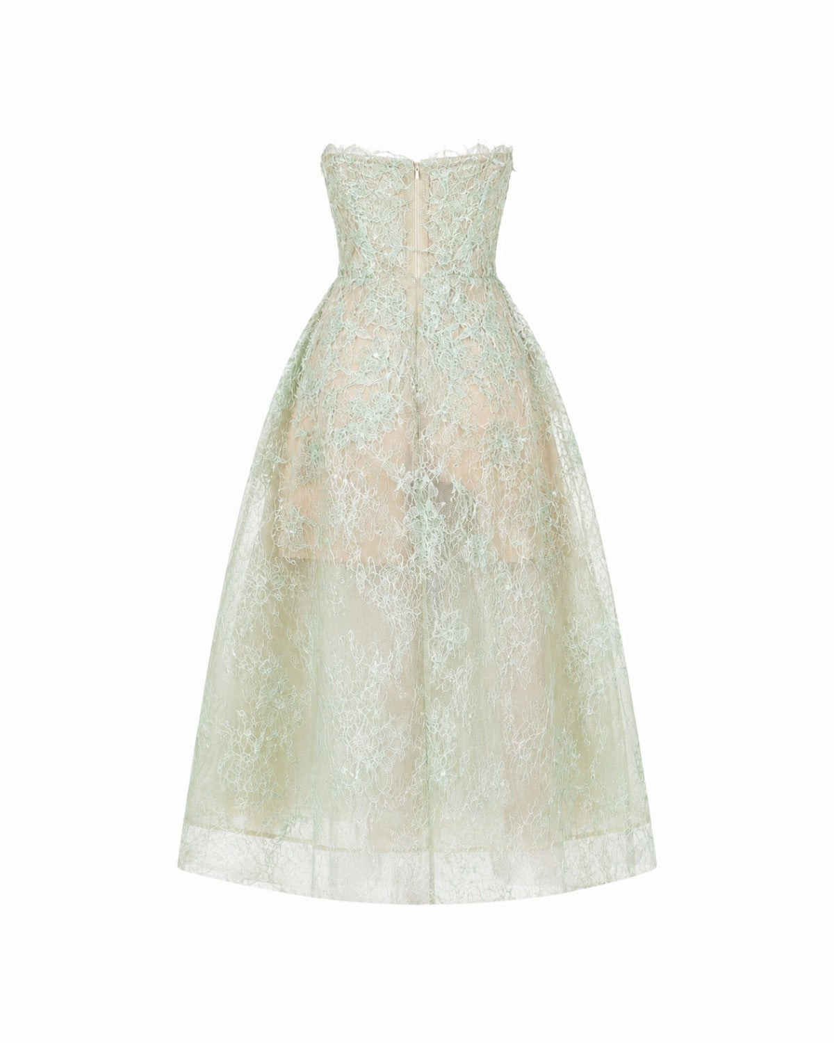 A strapless ball gown with a fitted corset-style bodice and a full, voluminous skirt, covered in sheer floral lace and tulle. The dress has a soft, pale sage green and champagne beige color story, shown against a plain white background.