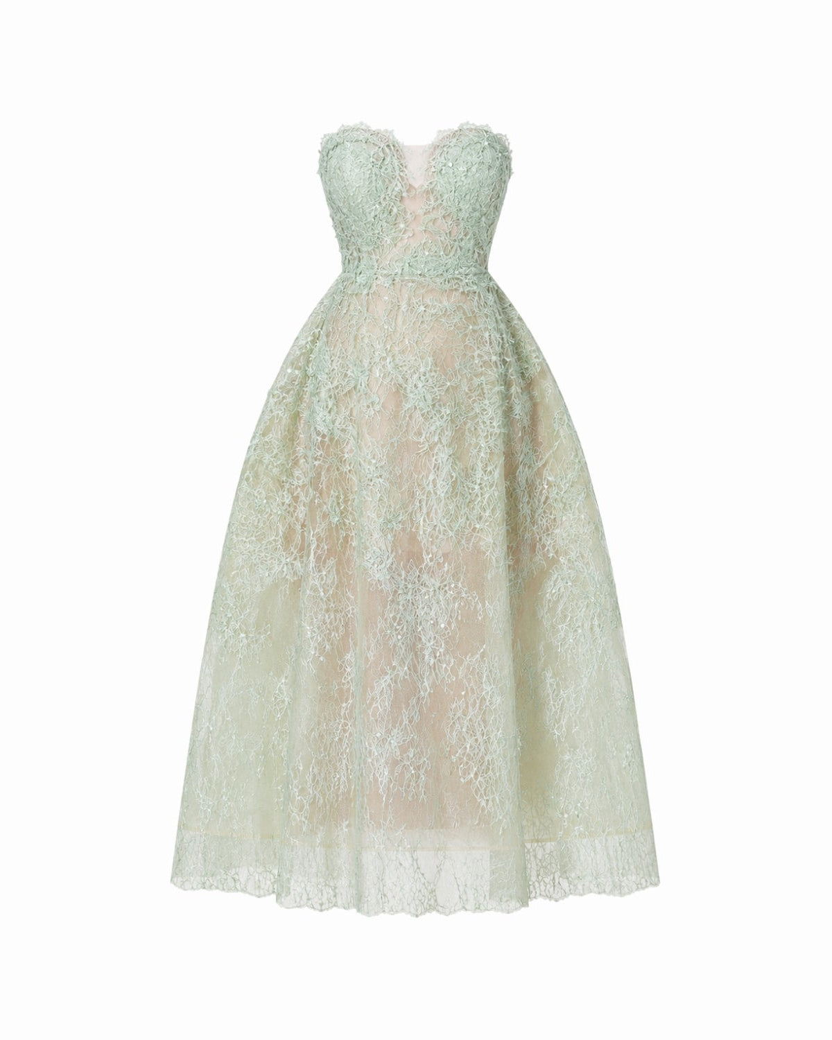 A strapless ball gown with a sweetheart neckline, featuring a fitted bodice and a voluminous A-line skirt in pale mint green lace over a sheer nude lining, shown against a plain white background.