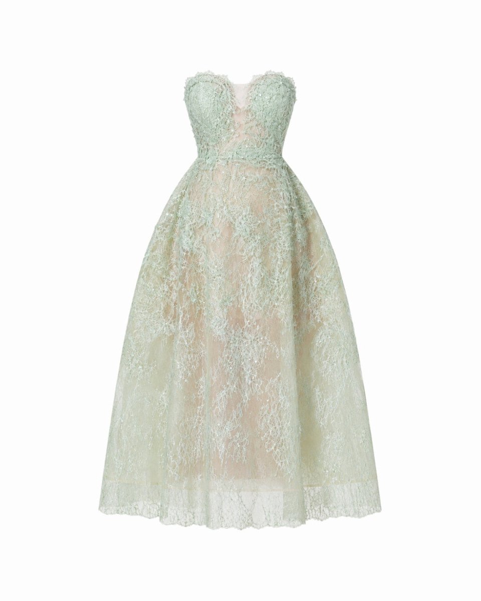 A strapless ball gown with a sweetheart neckline, featuring a fitted bodice and a voluminous A-line skirt in pale mint green lace over a sheer nude lining, shown against a plain white background.