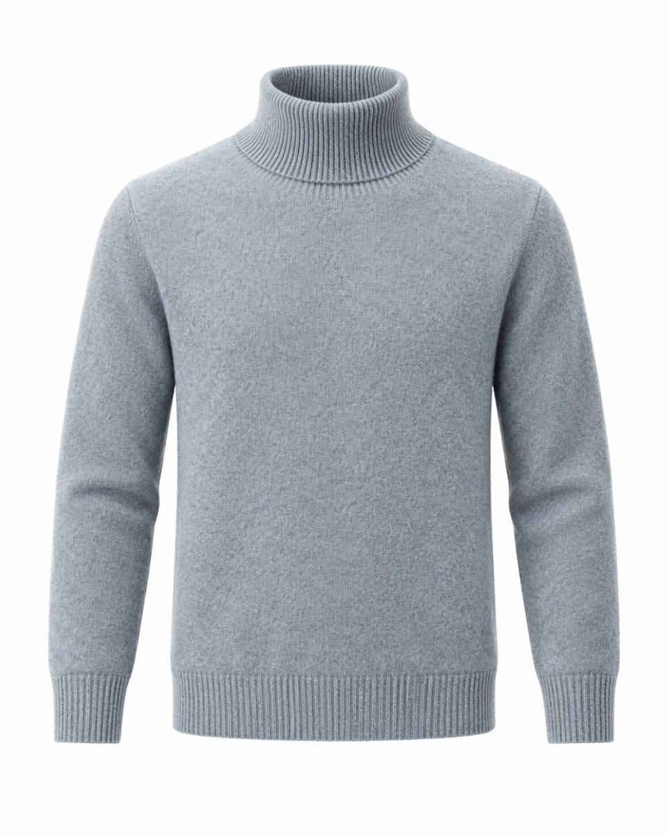 A green knit turtleneck sweater with ribbed collar, cuffs, and hem, shown on a plain white background.
