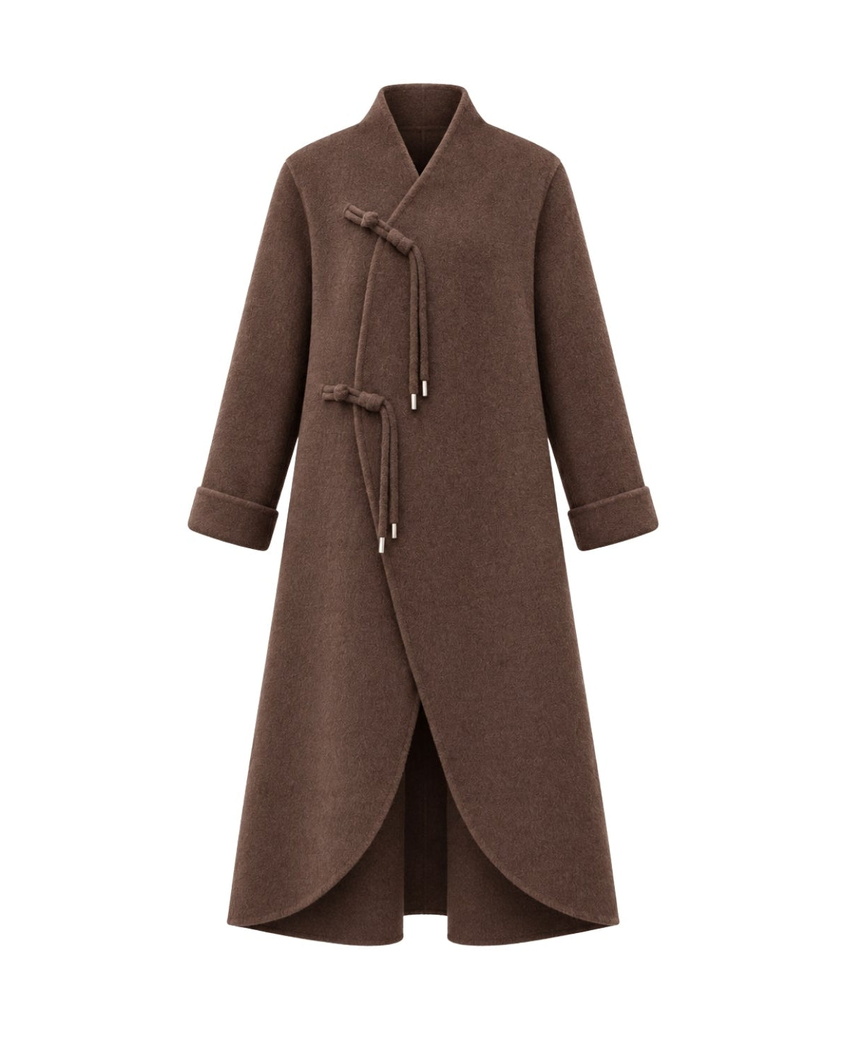 A long wrap-style coat with a stand collar, three-quarter sleeves, and a diagonal front closure tied with a cord, shown on a plain white background.