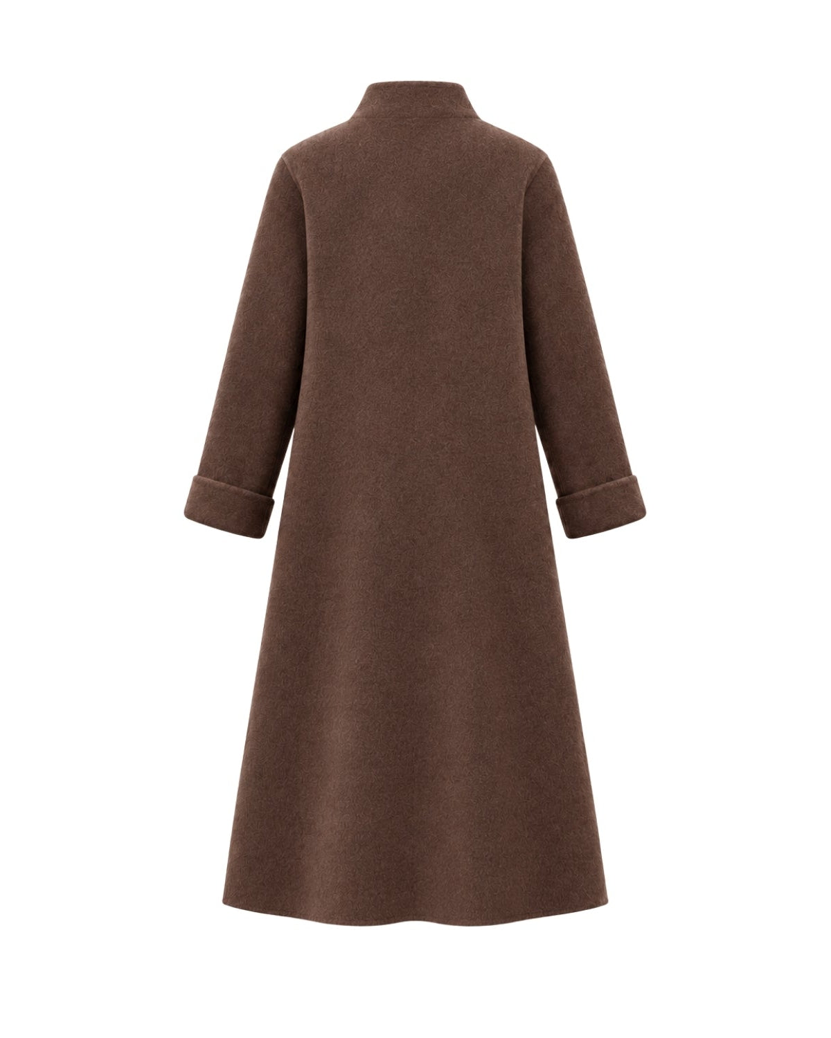 A long-sleeve coat with a high mock neck and rolled cuffs, shown from the back on a plain white background.
