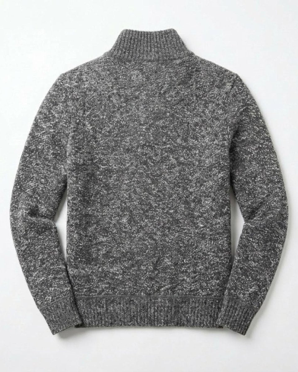 Top-down view of the back of the grey elyson knit sweater, showing the full texture of the fabric.
