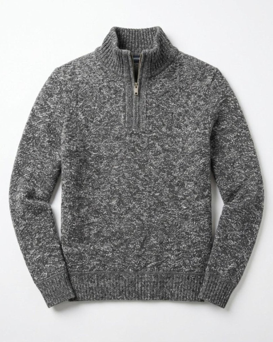 Flat lay studio shot of the men's quarter-zip sweater in grey, detailing the marled knit pattern and zip hardware.