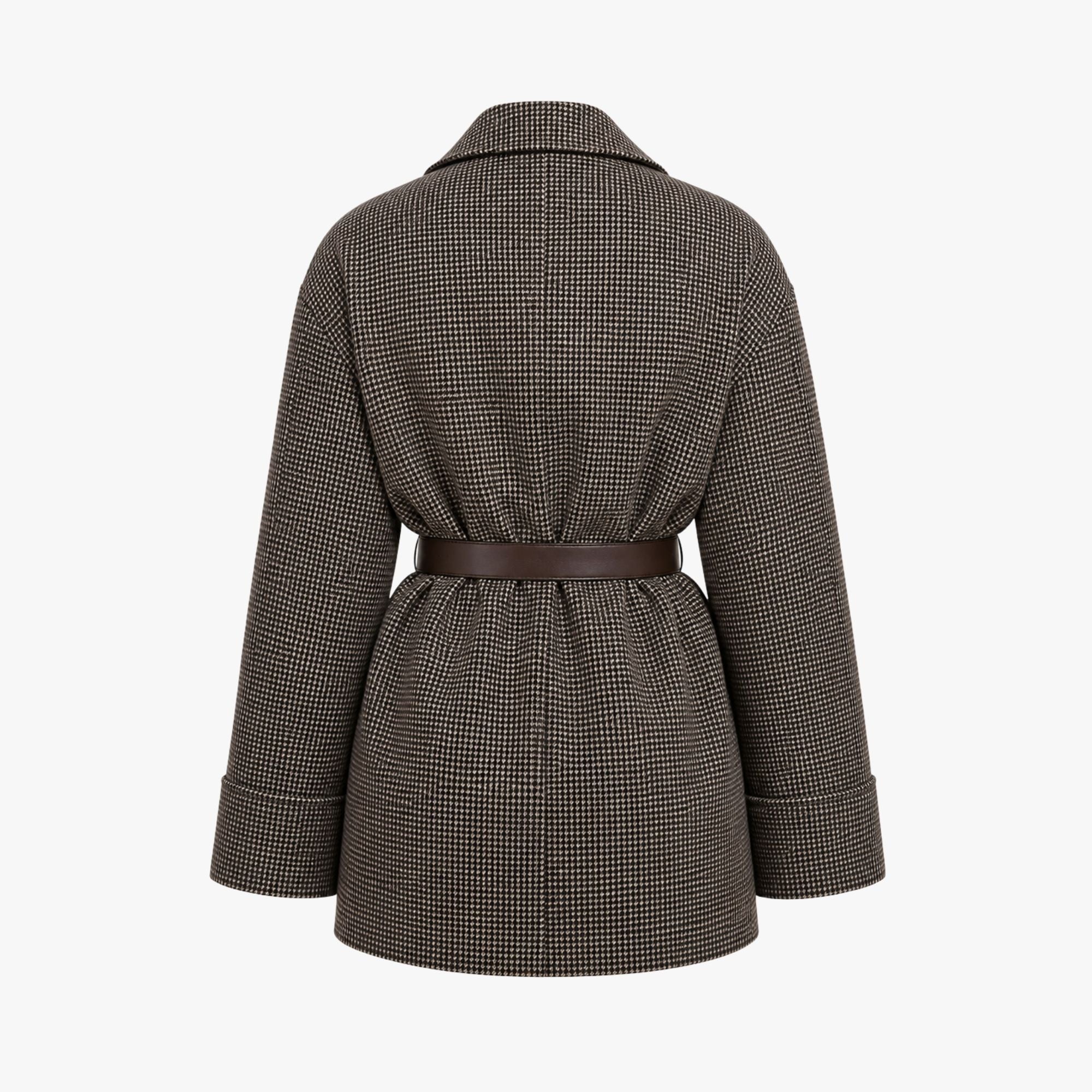A brown and beige houndstooth patterned coat with a dark brown belt, shown from the back against a light gray background.