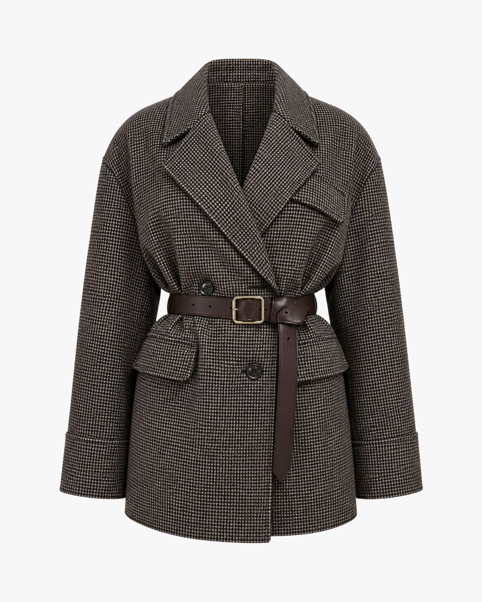 A double-breasted belted coat in a dark brown and black houndstooth pattern, featuring a brown leather-look belt with a gold-tone buckle, shown on a plain light gray background.
