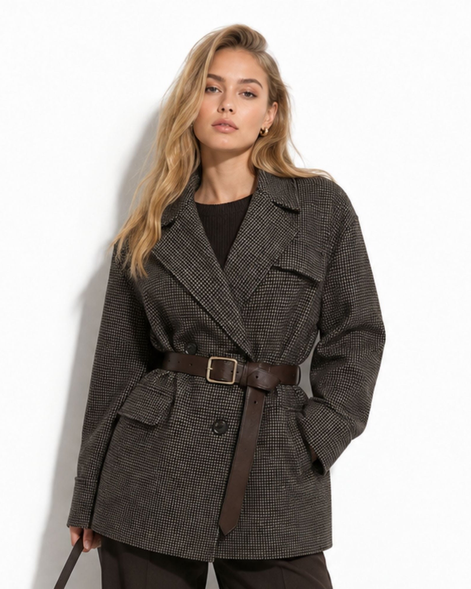 A woman models a dark gray and black houndstooth belted blazer with a brown leather belt, styled over a black top and dark trousers, set against a plain white background.