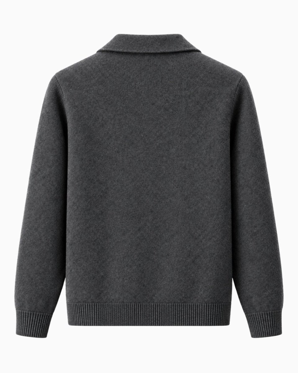 A dark gray knit sweater with a mock neck collar, shown from the back against a plain white background.