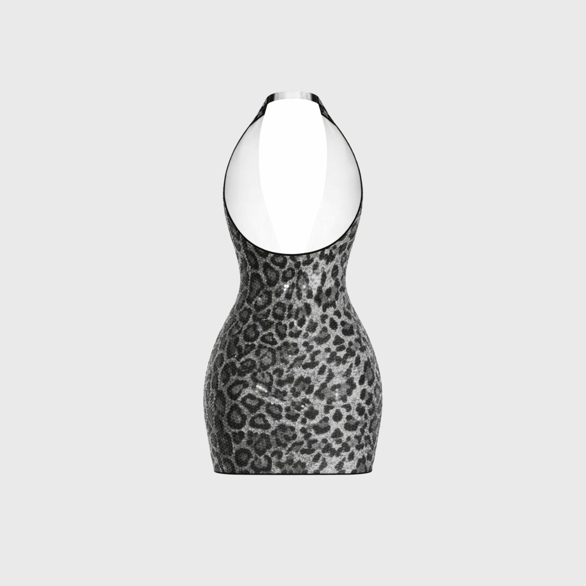 Flat lay back view of Fenlo Form backless halter neck silver animal print sequin evening dress.