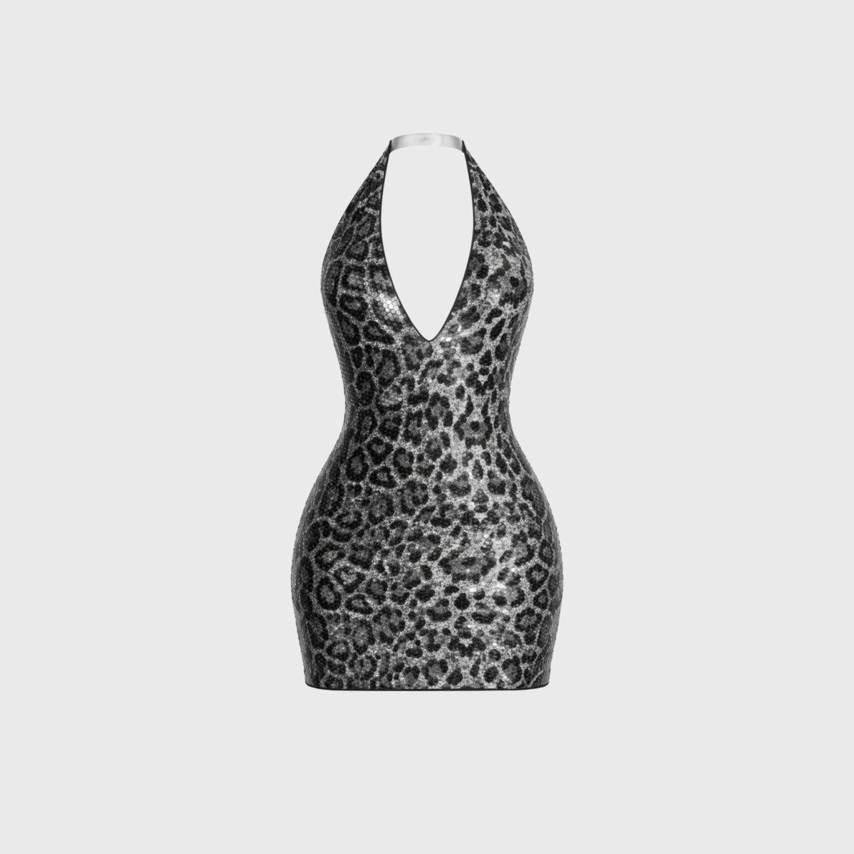 Flat lay front view of Fenlo Form grey and black leopard print sequin bodycon mini dress.