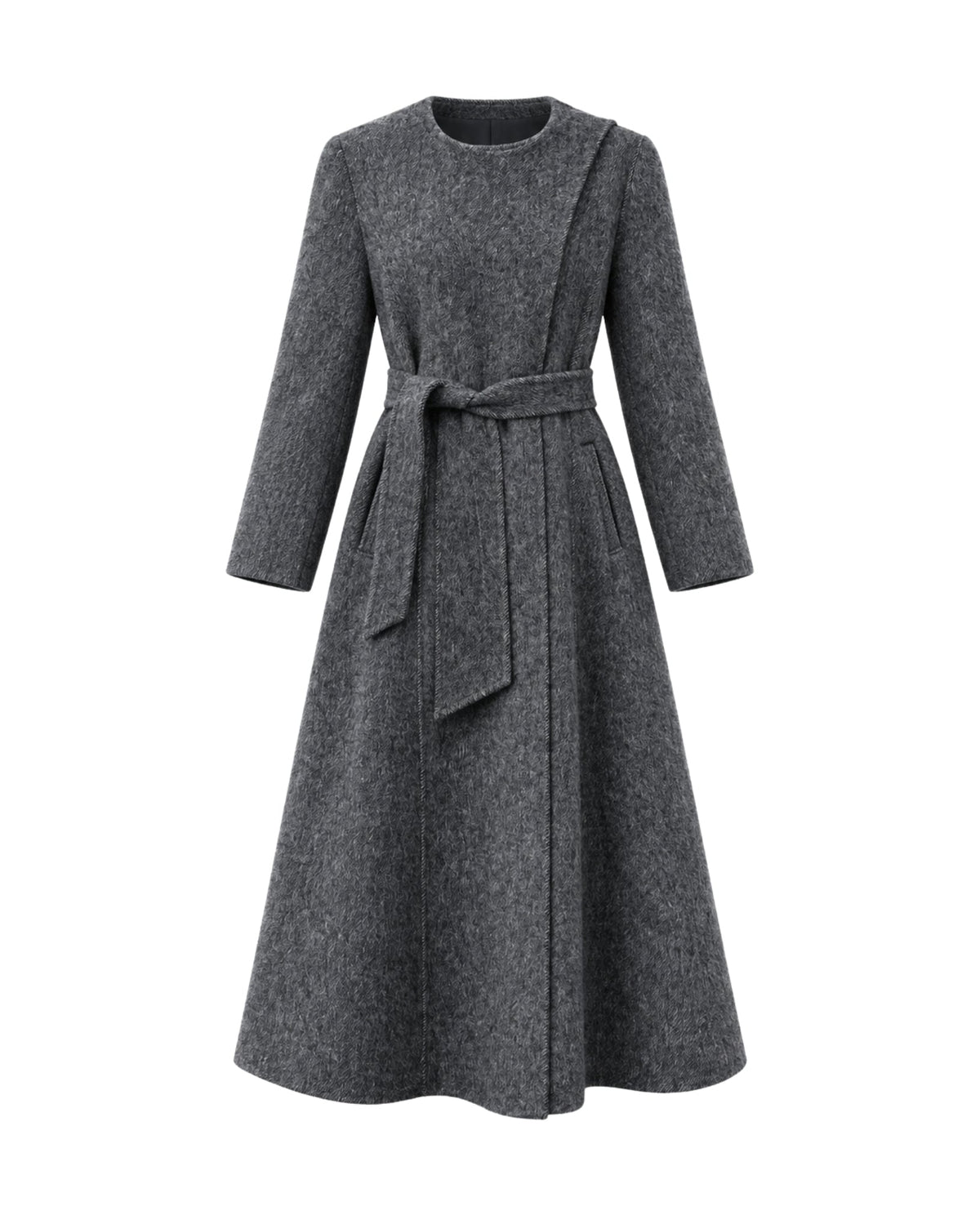 A dark gray long-sleeve wool-blend dress with a matching waist tie belt, shown against a plain white background.