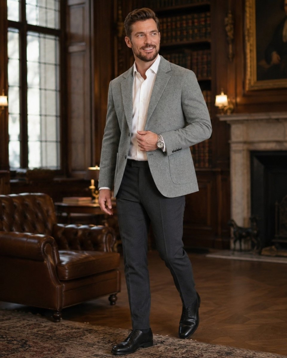 A man wearing a light gray textured blazer, white dress shirt, dark gray trousers, and black dress shoes stands in a classic, elegant library or study with bookshelves, a leather armchair, and a fireplace.