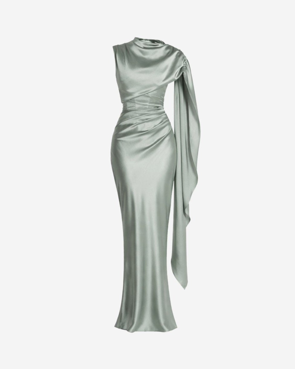 Ghost mannequin front view of the luxurious sage green satin maxi gown detailing the draped bodice architecture.