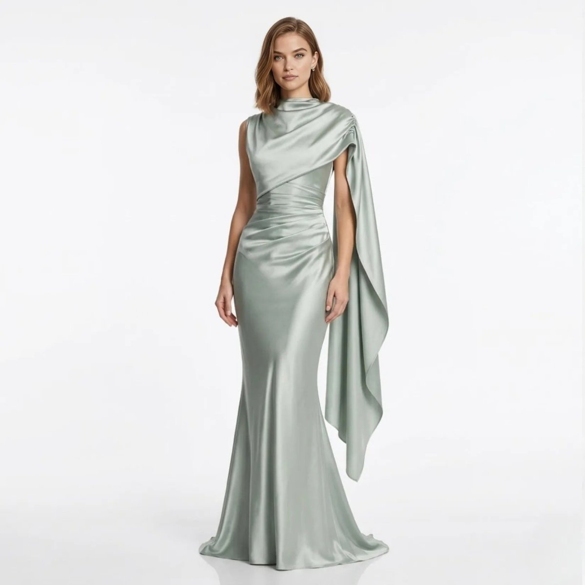 Woman wearing Kouvr sage green satin formal maxi dress with cowl neck and asymmetrical cape.