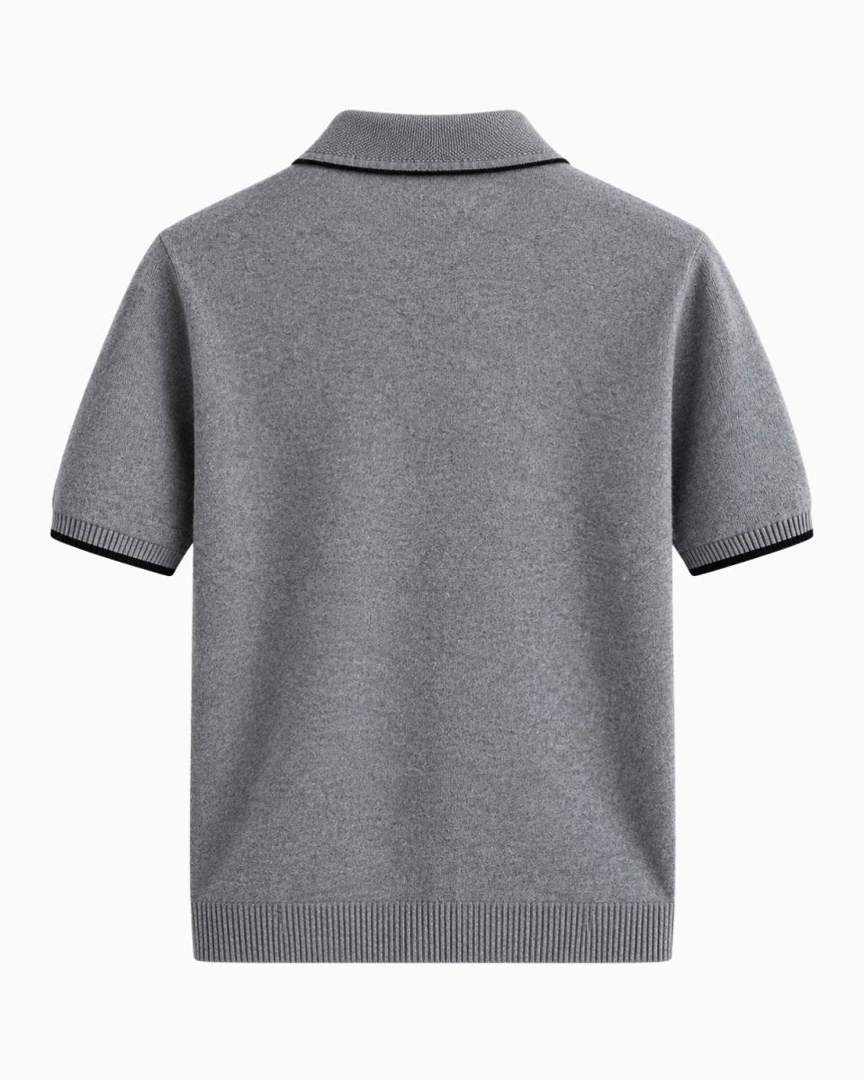 A gray short-sleeve knit polo shirt shown from the back, featuring black ribbed trim along the collar, sleeve cuffs, and hem, set against a plain white background.