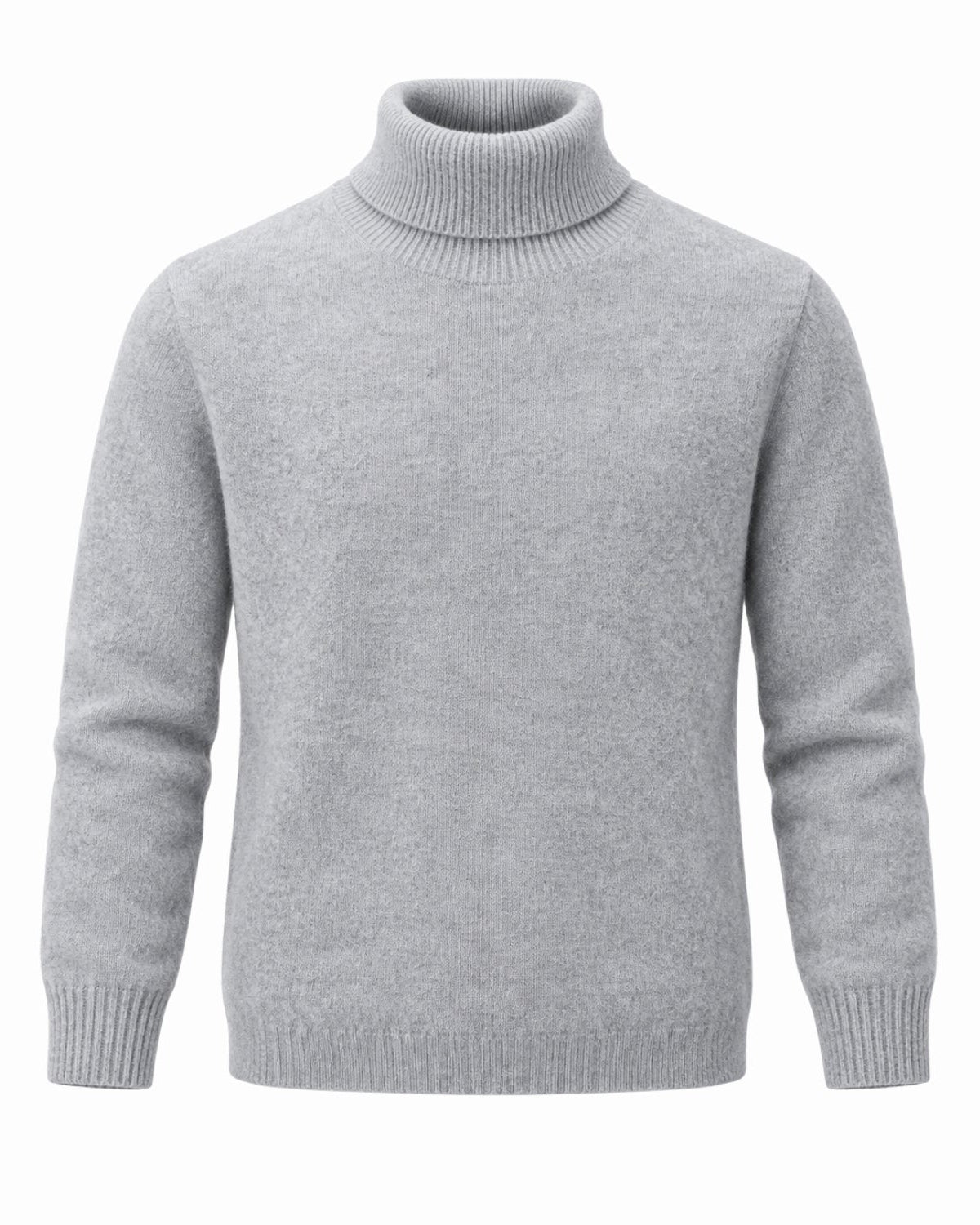A light gray heathered long-sleeve turtleneck top displayed on a ghost mannequin against a neutral light gray background.