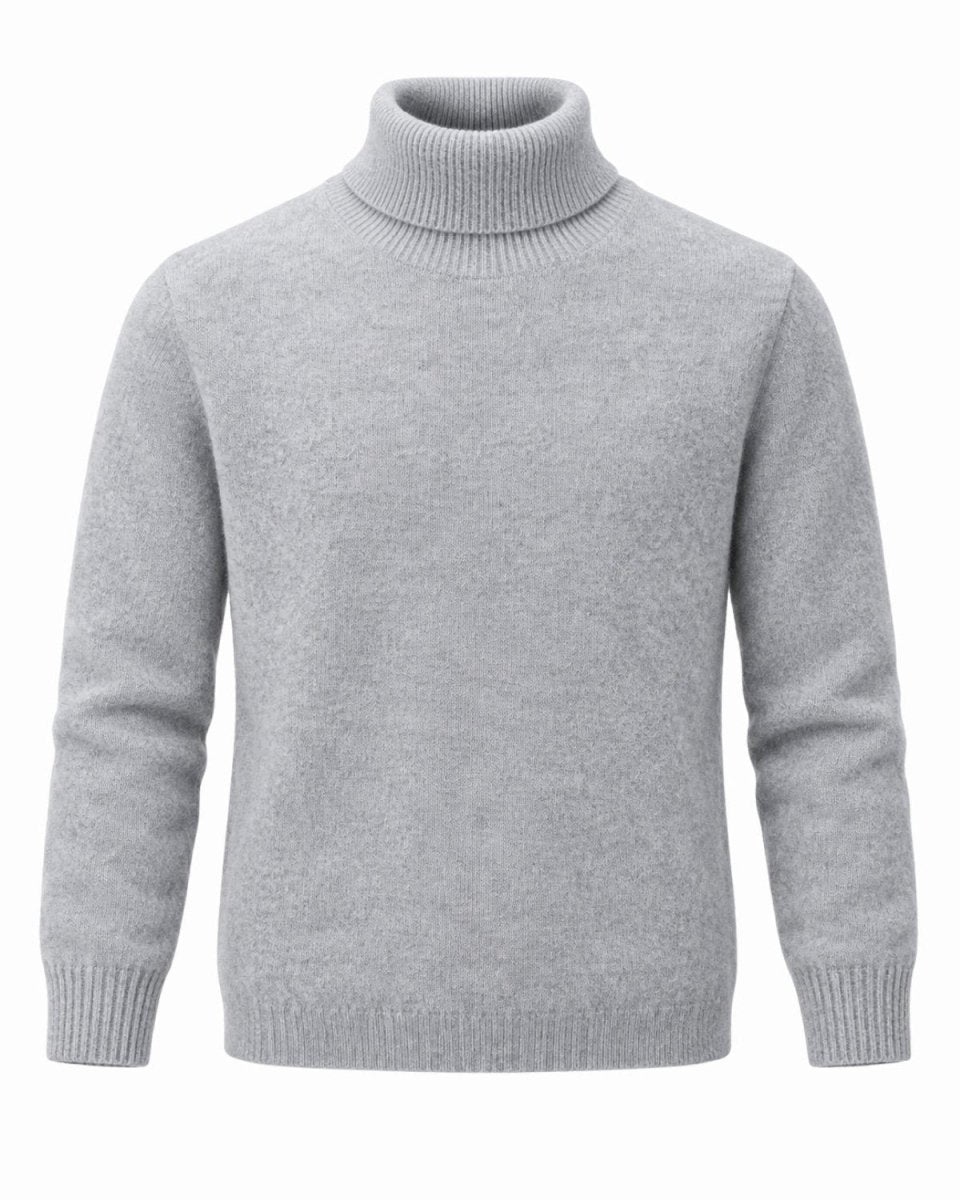 A light gray heathered long-sleeve turtleneck top displayed on a ghost mannequin against a neutral light gray background.