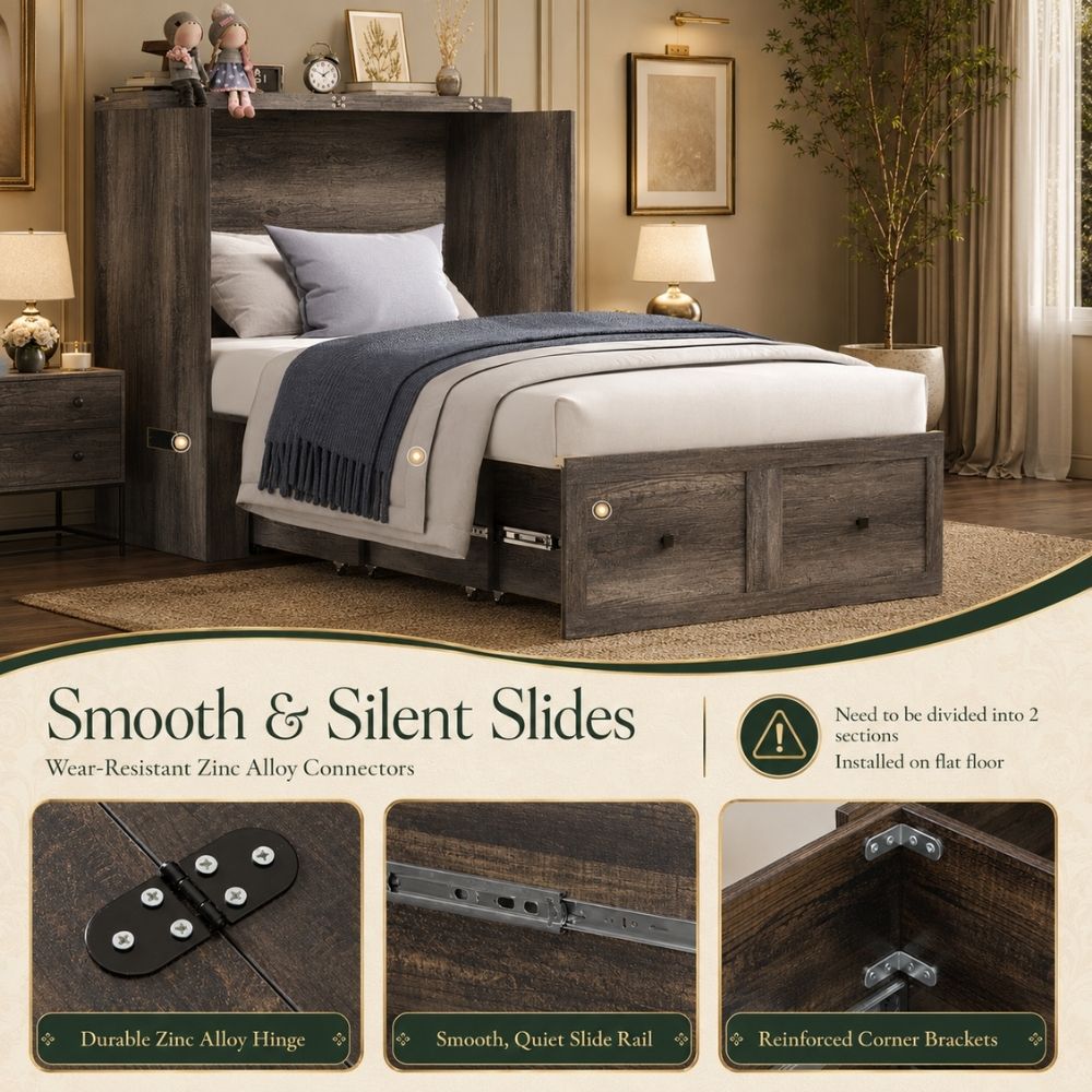 A dark wood bed frame with built-in storage drawers and a headboard shelf, shown in a styled bedroom setting. The image includes feature callouts and close-up inset diagrams about the smooth slide mechanism and hardware.