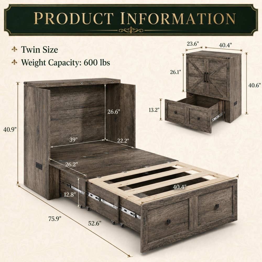 Product information graphic for a twin-size wooden storage bed with a cabinet and pull-out drawers, showing dimensions, weight capacity, and an inset of the cabinet with one drawer open.