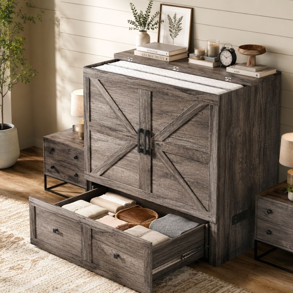 A rustic gray wooden storage cabinet with two barn-style doors and an open bottom drawer, styled in a warm bedroom or nursery setting with folded linens inside and decor on top.