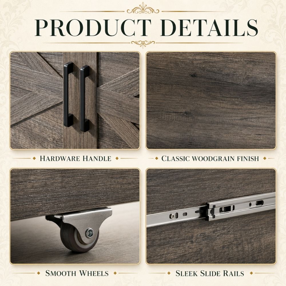 Product details infographic showing close-up views of a cabinet door hardware handle, wood grain finish, smooth caster wheel, and sleek slide rails, with text labels on a cream background.
