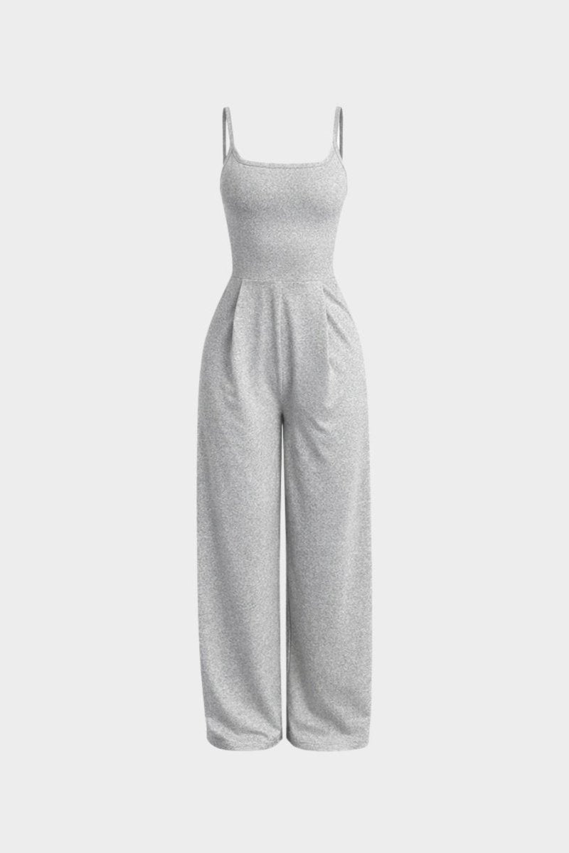 Flat lay front view of light grey wide leg sleeveless jumpsuit with tailored waist pleats