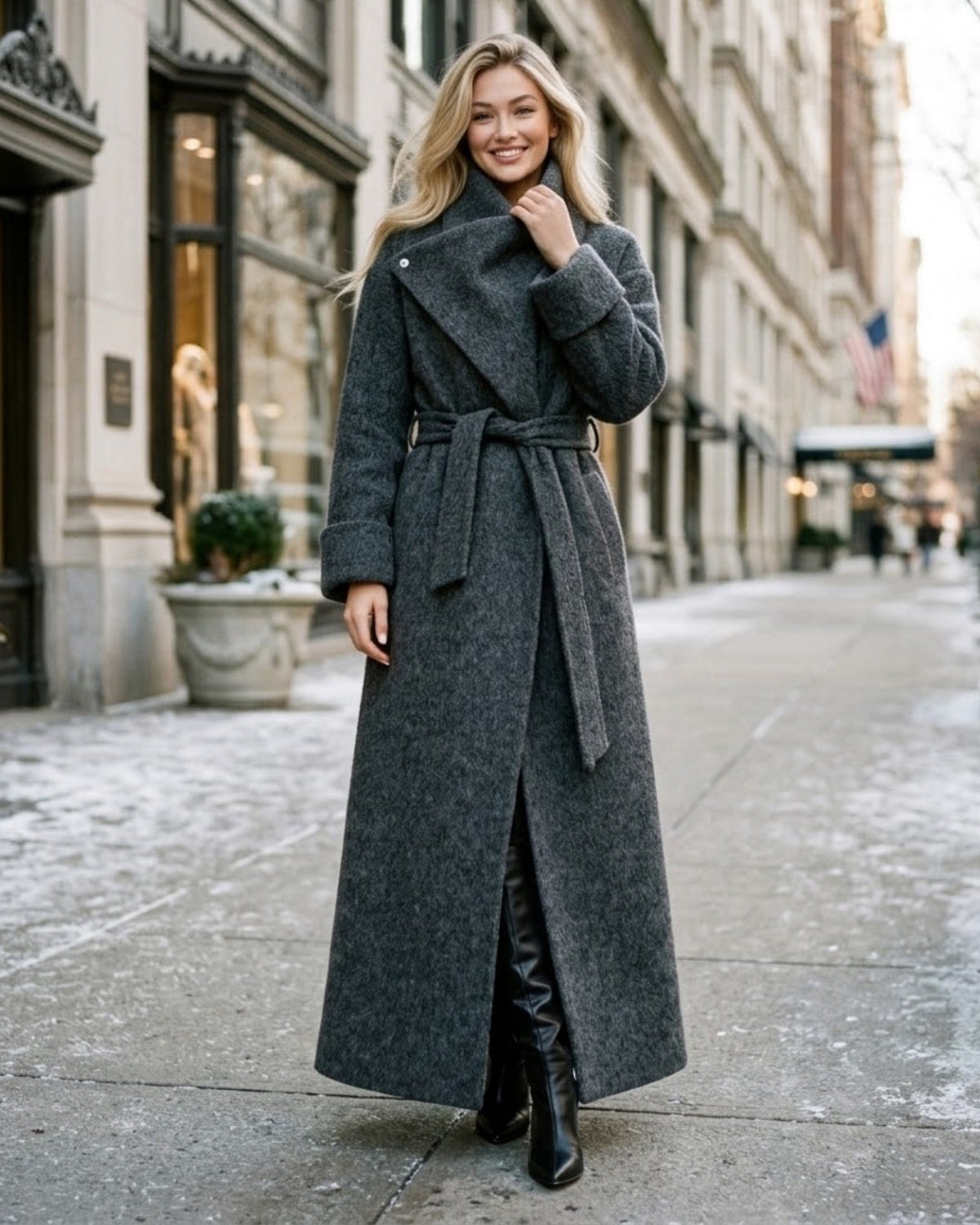 A woman stands on a city sidewalk wearing a long charcoal gray belted coat over black boots, with buildings and a snowy street in the background.
