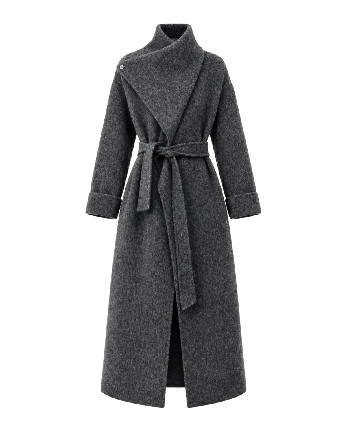 A dark gray wrap-style coat with a tie belt, shown on a plain white background.