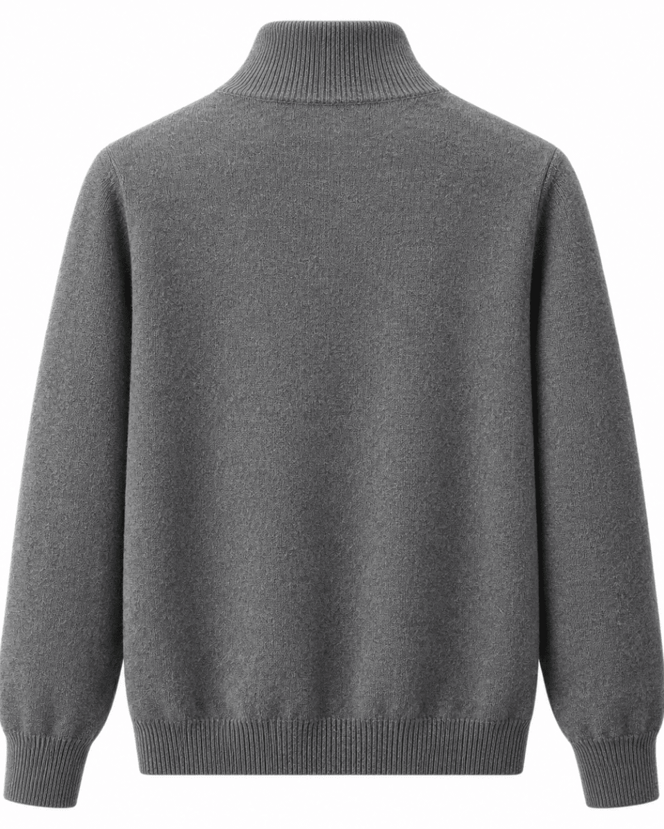 A dark gray knit sweater with a mock neck, long sleeves, and ribbed cuffs and hem, shown from the back on a white background.