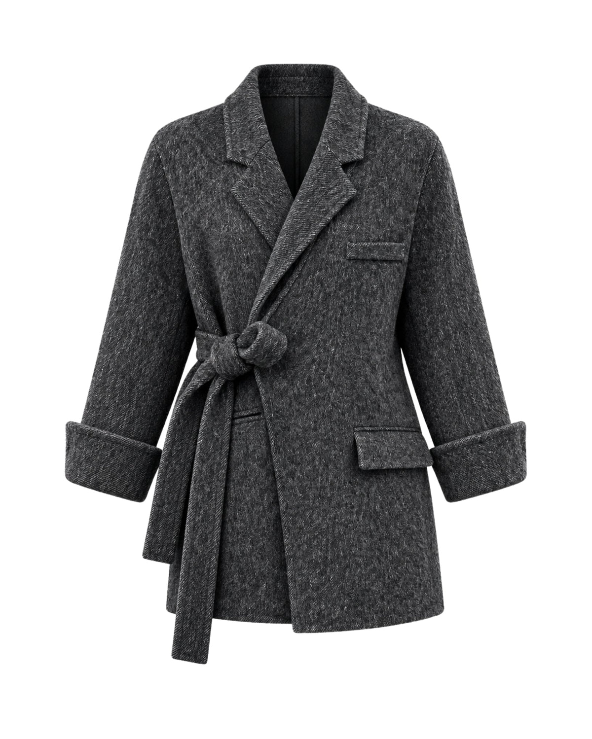 A dark gray textured wool coat with a matching tie belt, shown on a plain white background.