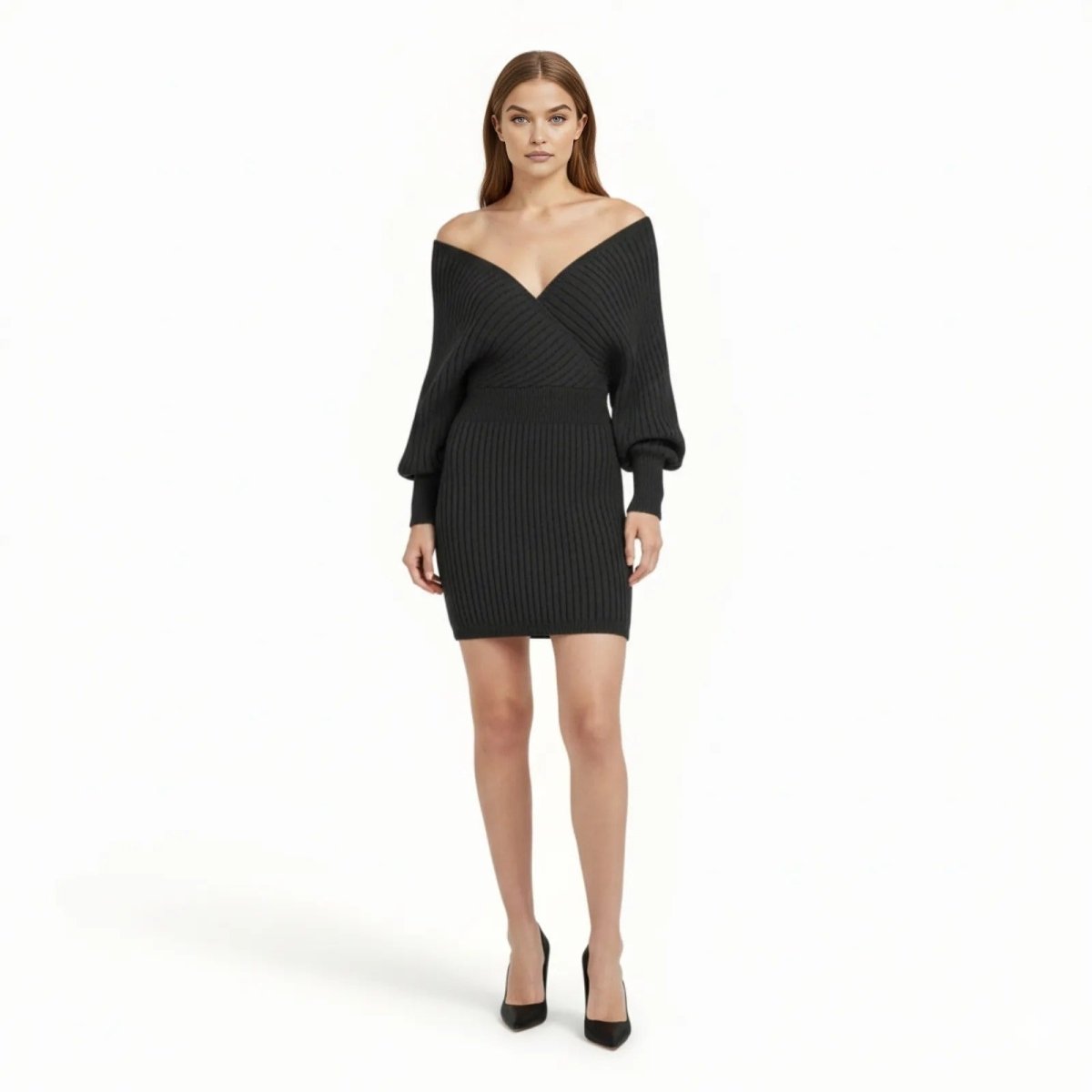 Model wearing the Gwynth black off-the-shoulder ribbed knit mini dress with long balloon sleeves, front view.