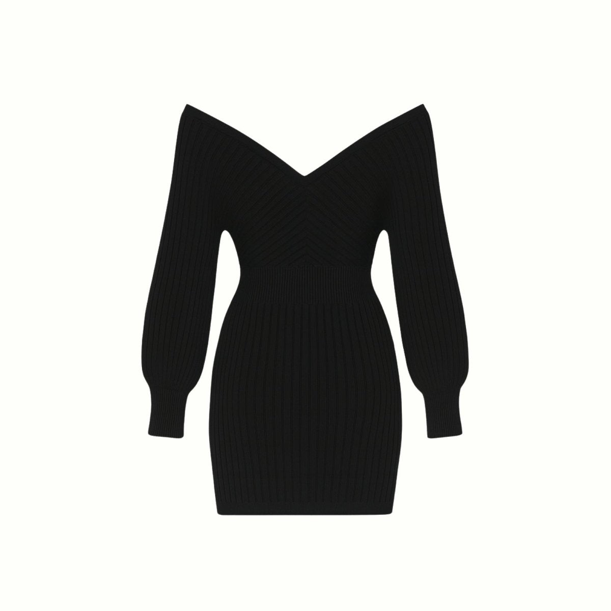 Flat lay of the back of the ouvr Gwynth black ribbed knit mini dress showcasing the garment's construction.