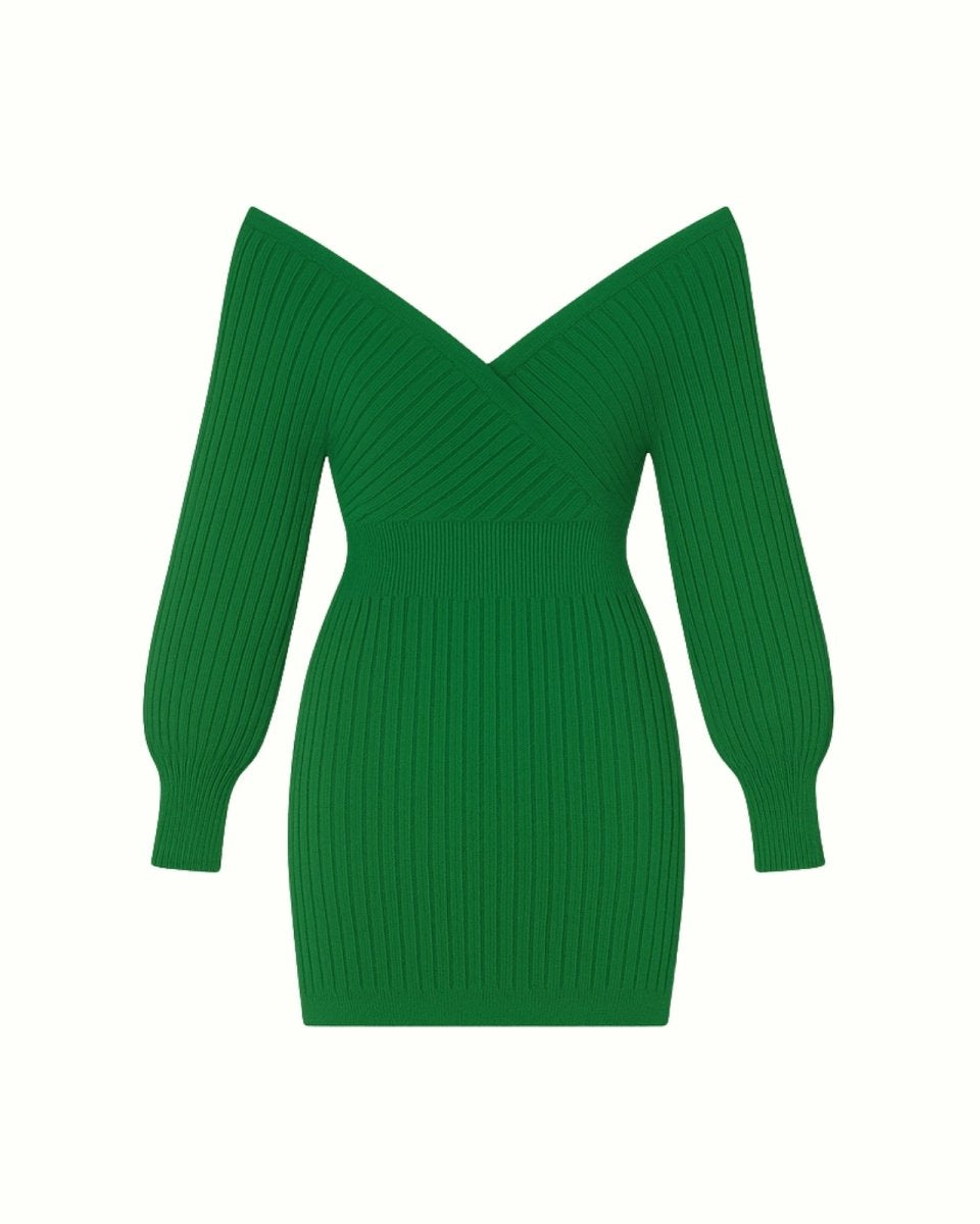 Flat lay of the Gwynth off-shoulder ribbed knit mini dress in emerald green on a white background.