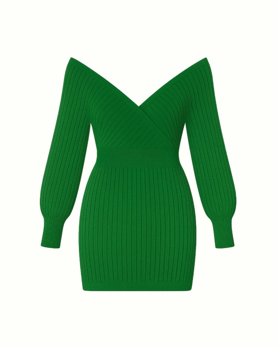 Flat lay of the Gwynth off-shoulder ribbed knit mini dress in emerald green on a white background.