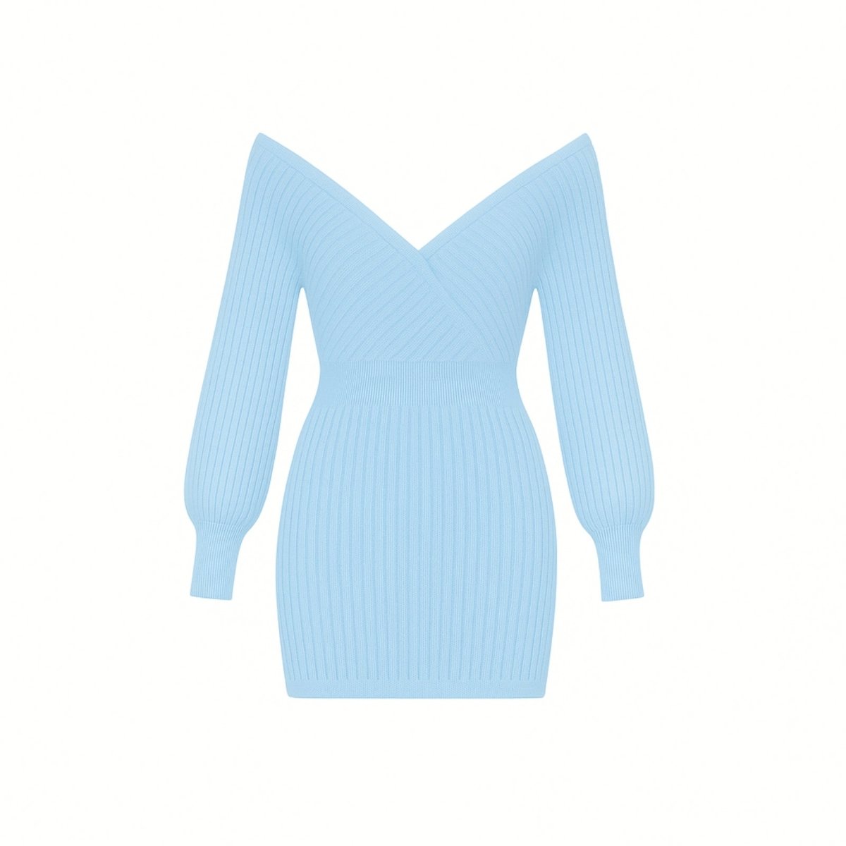 Flat lay product shot of the Gwynth long sleeve off-the-shoulder ribbed mini dress in light blue